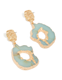 Showcasing worn gold open blue amazonite semi precious stone drop earrings in a statement style front view - link has visual effect only