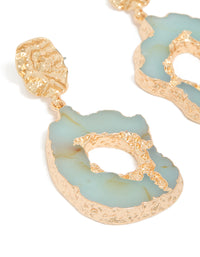 Beautifully crafted worn gold open blue amazonite semi precious stone drop earrings with statement design close up view - link has visual effect only
