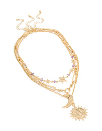 Elegantly crafted chunky gold purple stone and celestial pendant layered necklace with beads, charm featuring sun, moon and star front view - link has visual effect only