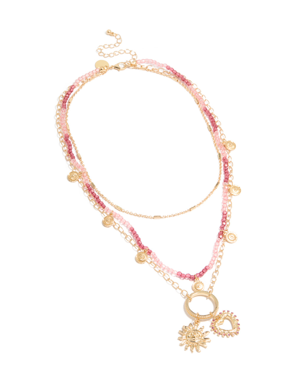 Discover a gold pink beaded and celestial layered necklace with charm featuring sun and heart in a statement design front view