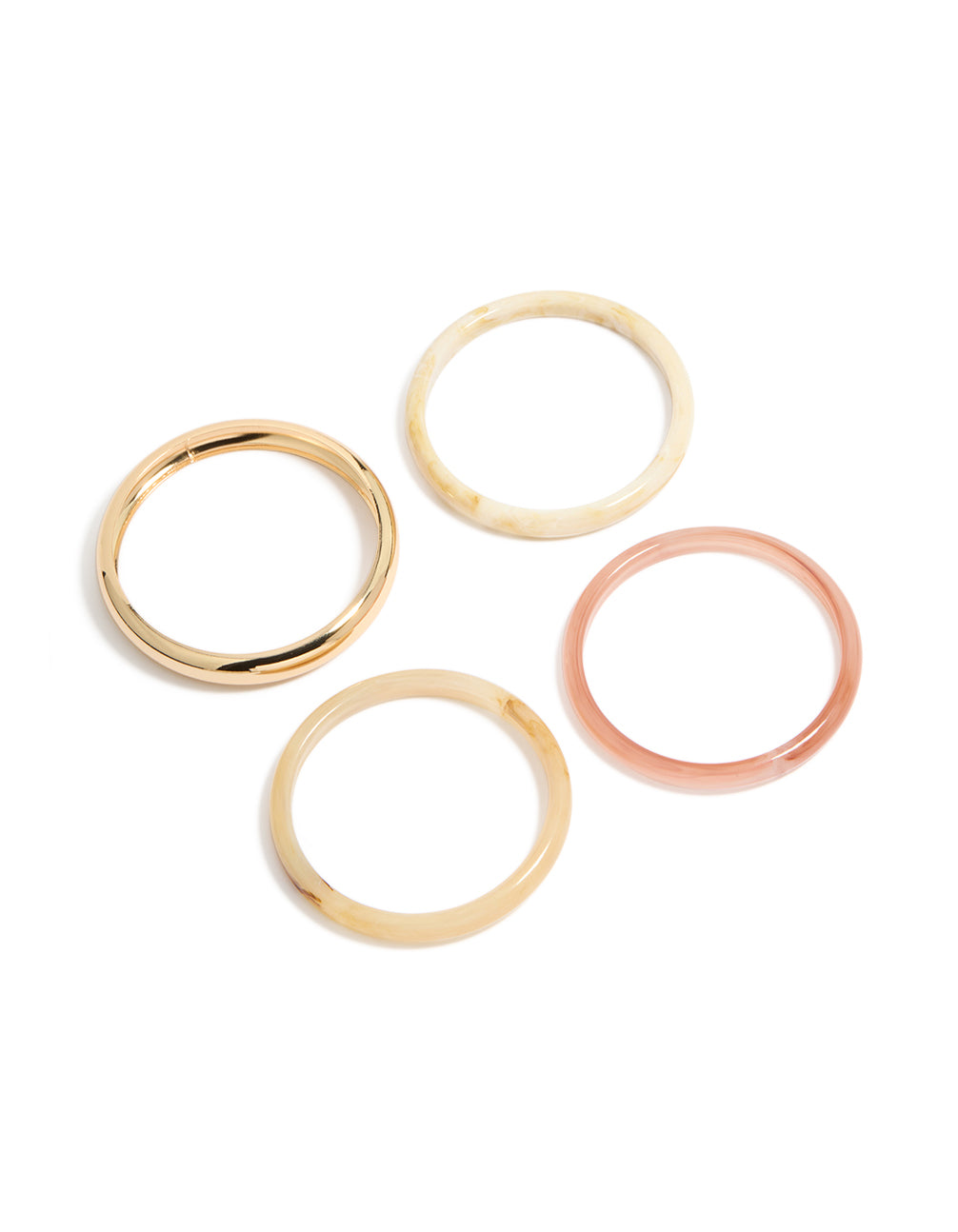 Showcasing gold and pink acrylic bangles in a 4-pack set front view
