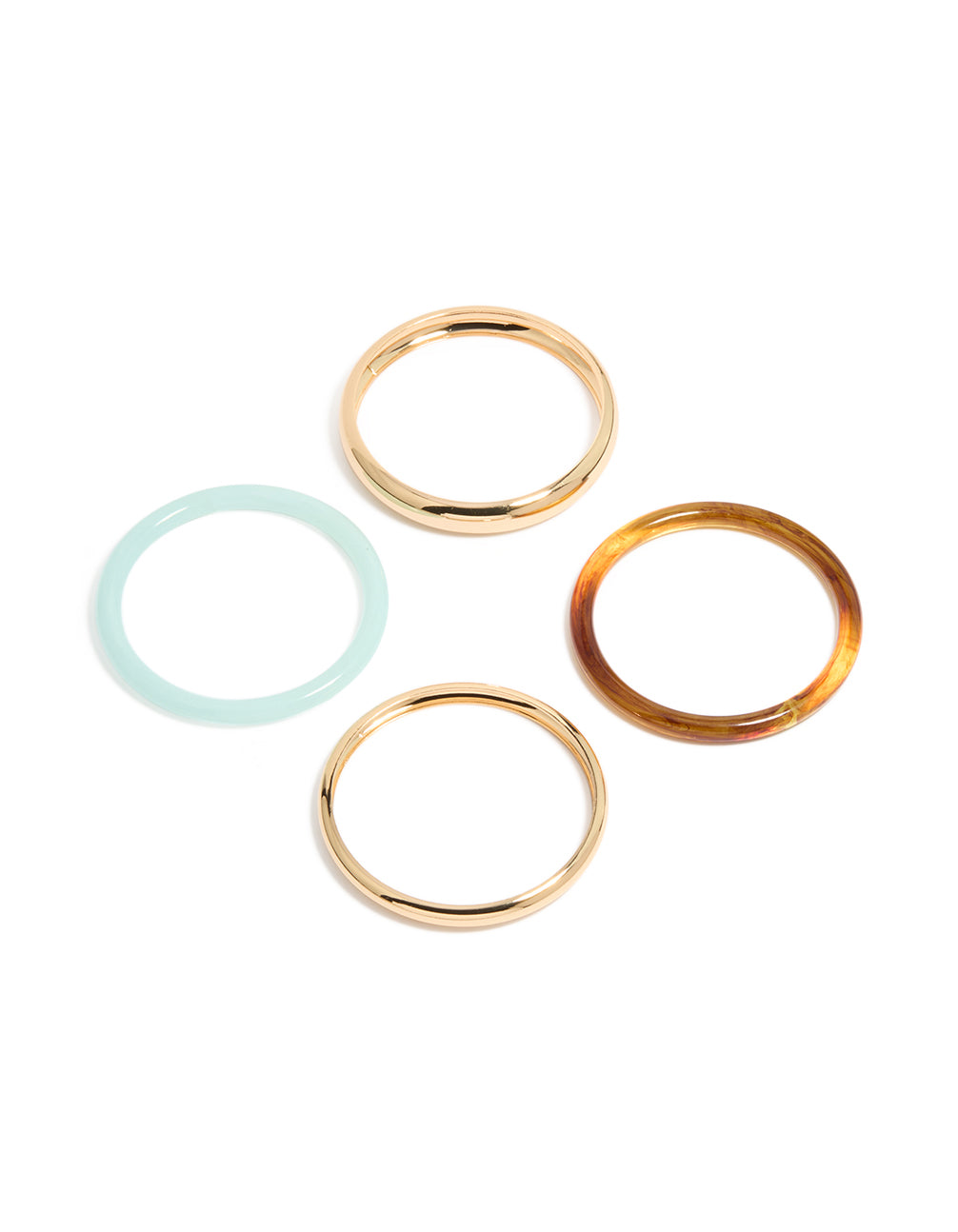 Featuring gold and multicoloured acrylic bangles in a 4-pack with paleturquoise and brown accents front view