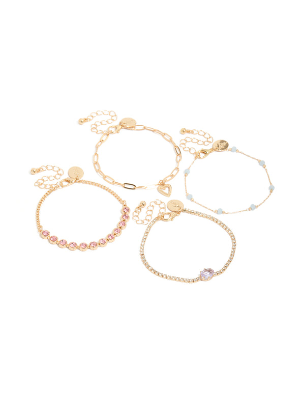 Showcase your wrist candy with this gold diamantes and heart charm bracelet 4-pack featuring beads in light pink, powder blue, and clear stone front view