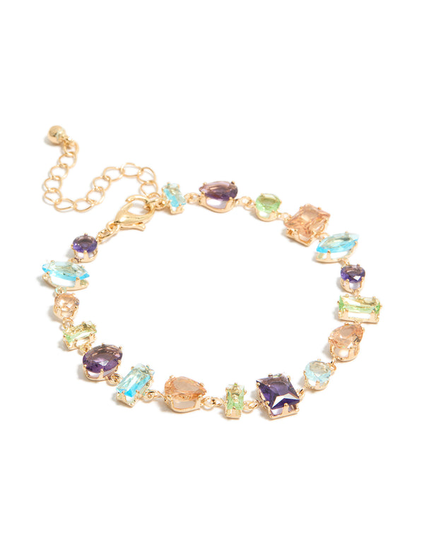 Gold Irregular Shaped Multicoloured Diamantes Bracelet
