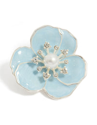 Silver Blue  Enamel Flower Pearl Brooch - link has visual effect only