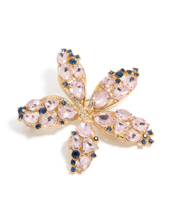 Gold Pink & Blue Diamantes Pointed Flower  Brooch