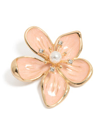 Gold Pink Enamel Pearl Centre Flower Brooch - link has visual effect only