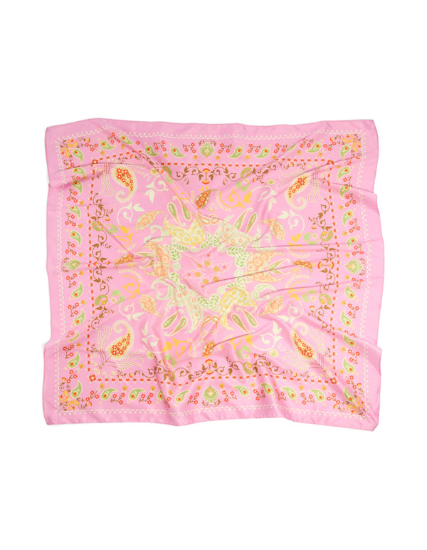 Beautiful pink paisley floral pattern fabric scarf with leaf accents in chartreuse, orange, and yellow front view