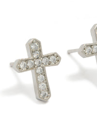 Capturing mens waterproof stainless steel cubic zirconia cross detail stud earrings with close up view - link has visual effect only