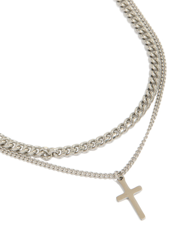 Showcasing mens waterproof stainless steel curb chain cross necklaces 2-pack with pendant in silver close up view