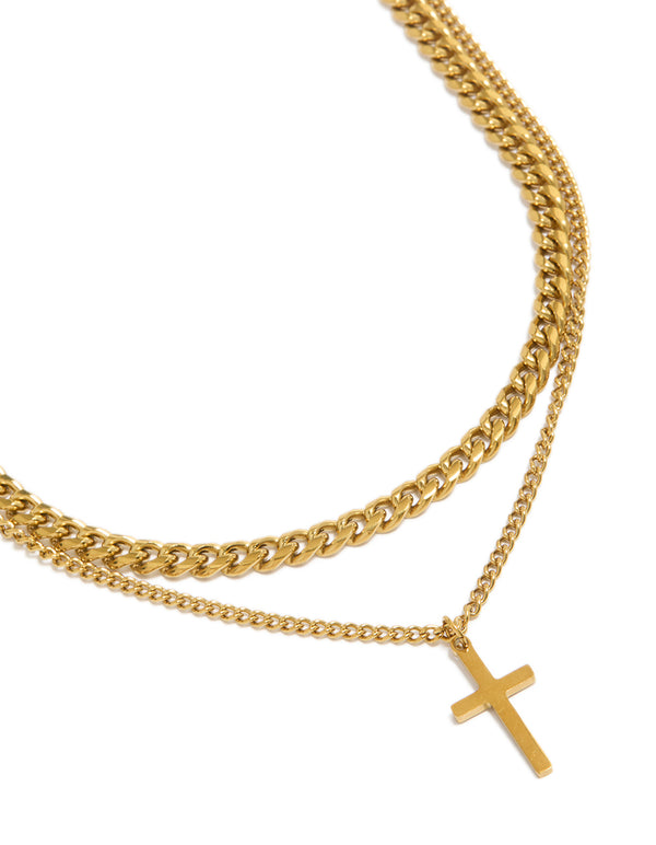 Showcasing waterproof curb chain cross necklaces in gold plated stainless steel with pendant featuring 2-pack close up view