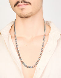 Presented as a mens waterproof stainless steel classic curb link necklace in silver on neck view - link has visual effect only