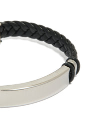 Displaying a mens waterproof bar bracelet in stainless steel with braided black PU leather band close up view - link has visual effect only