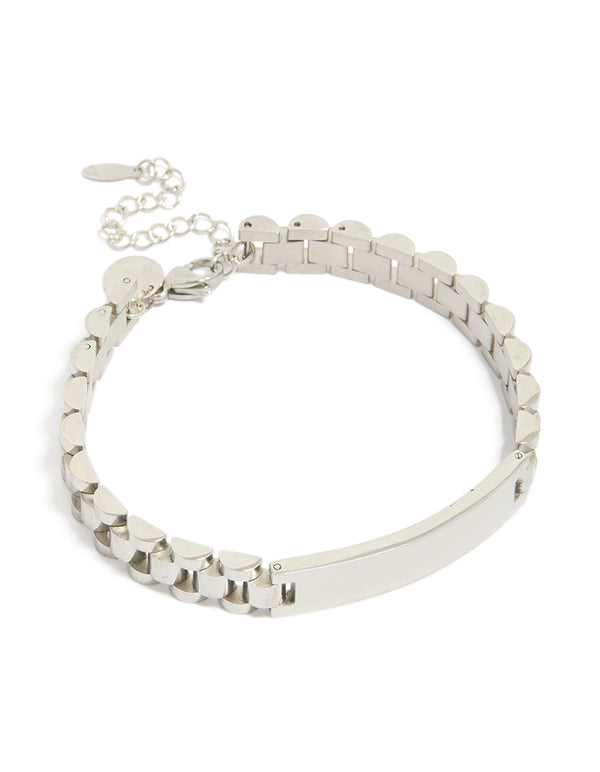 Showcasing a mens waterproof stainless steel large link chain bracelet with bar detail in silver front view