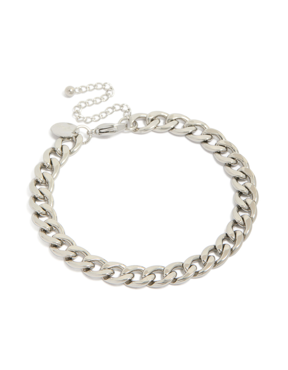 Crafted from waterproof stainless steel, this classic chunky curb chain bracelet features a silver finish in front view