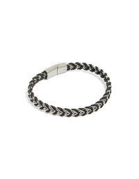 Mens Waterproof Stainless Steel & Black PU Leather Braided Chain Bracelet - link has visual effect only