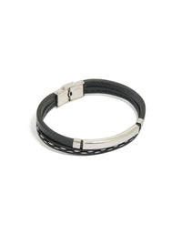 Mens Waterproof Stainless Steel Black PU Leather & Cord Detail Bracelet - link has visual effect only
