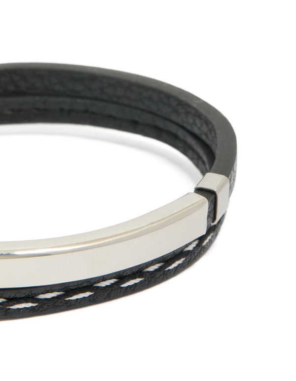 Mens Waterproof Stainless Steel Black PU Leather & Cord Detail Bracelet