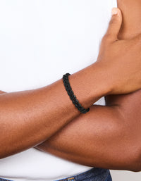 Mens Waterproof Black Coated Stainless Steel & PU Leather Braided Bracelet - link has visual effect only