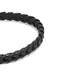 Mens Waterproof Black Coated Stainless Steel & PU Leather Braided Bracelet - link has visual effect only
