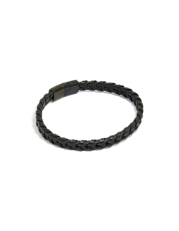 Mens Waterproof Black Coated Stainless Steel & PU Leather Braided Bracelet