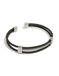 Mens Waterproof Stainless Steel Black & Silver Wire Twisted Wrist Cuff - link has visual effect only