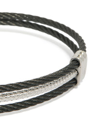 Mens Waterproof Stainless Steel Black & Silver Wire Twisted Wrist Cuff - link has visual effect only