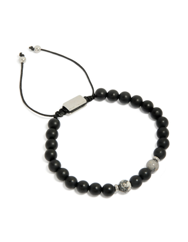 Mens Waterproof Stainless Steel Black Beaded Toggle Bracelet