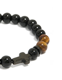 Mens Waterproof  Black Coated Stainless Steel Black Cross  & Tigers Eye Semi Beaded Cross Bracelet - link has visual effect only