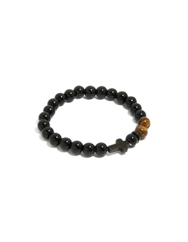 Mens Waterproof  Black Coated Stainless Steel Black Cross  & Tigers Eye Semi Beaded Cross Bracelet