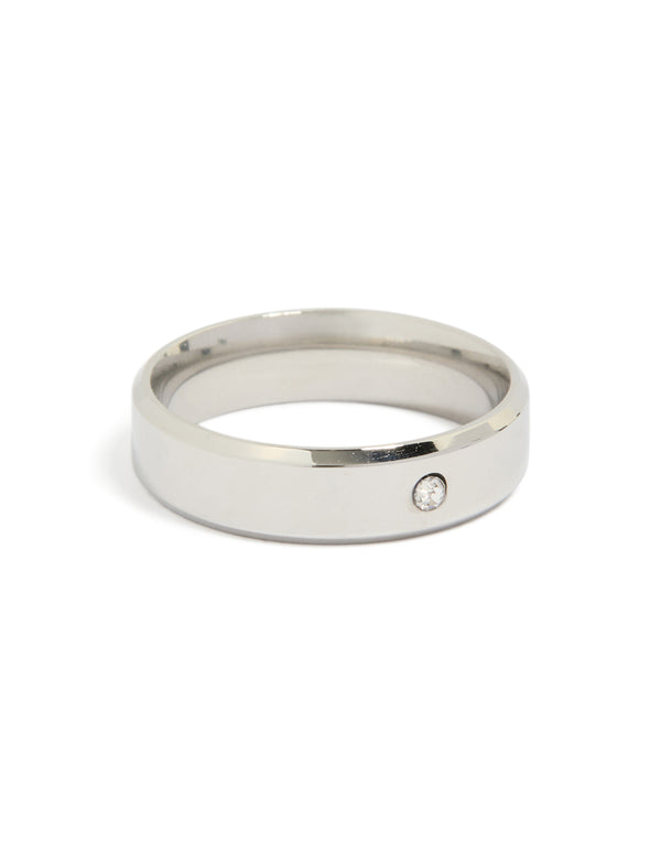 Showcasing a waterproof stainless steel smooth solitaire cubic zirconia band ring with crystal in silver and clear front view