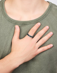 Featuring a mens waterproof stainless steel band ring with black chain detail in silver on finger view - link has visual effect only