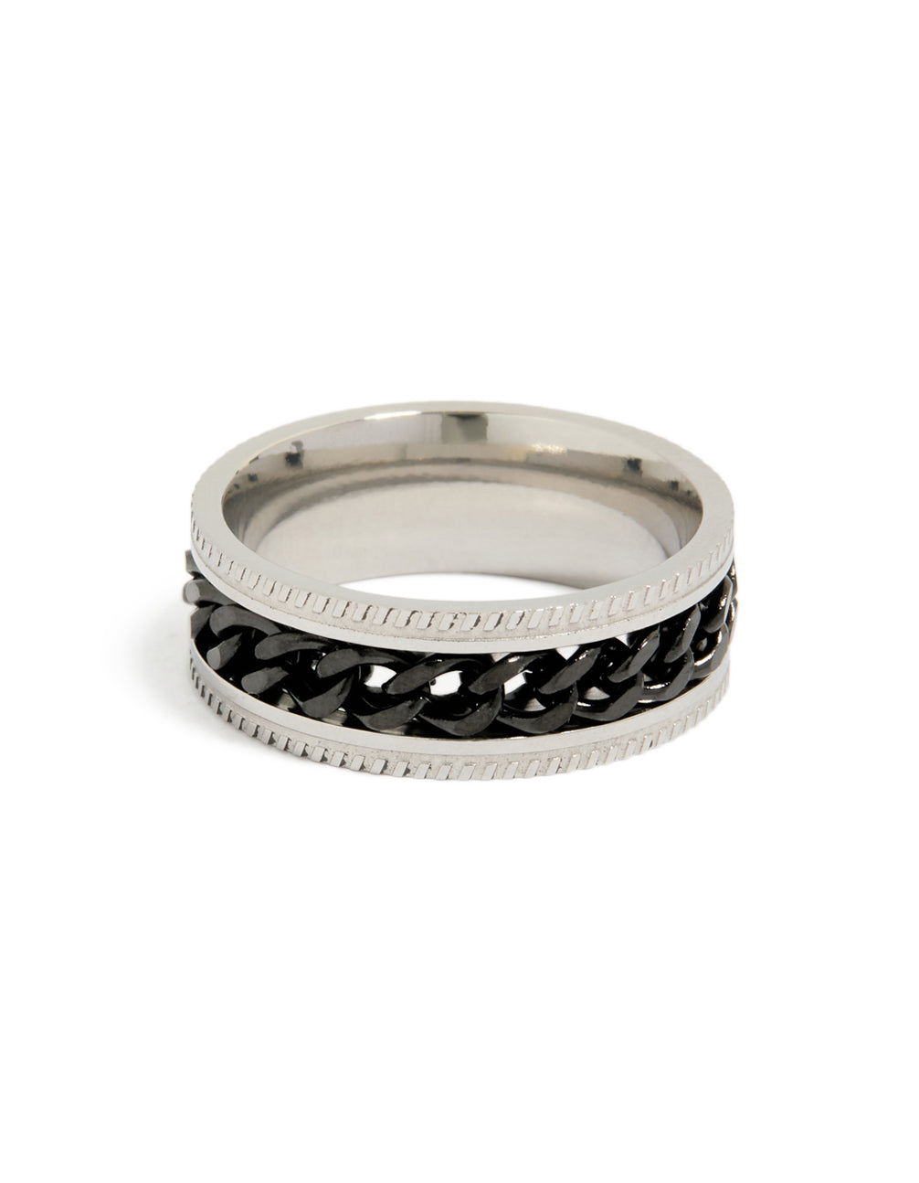 Designed with a mens waterproof stainless steel band ring featuring black chain detail in silver side detail view