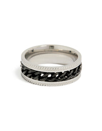 Designed with a mens waterproof stainless steel band ring featuring black chain detail in silver side detail view - link has visual effect only