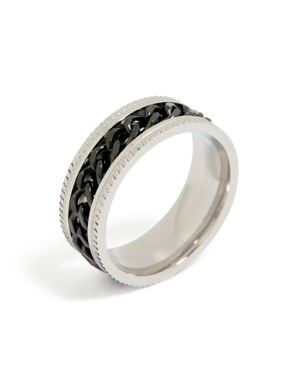 Showcasing a mens waterproof stainless steel band ring with black chain detail in silver front view