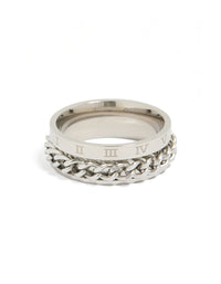Showcasing a mens waterproof stainless steel chain ring with roman numeral detail in silver front view - link has visual effect only