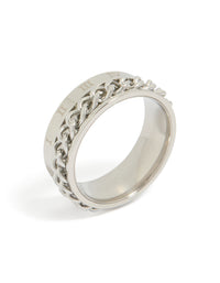 Featuring a mens waterproof stainless steel chain ring with roman numeral detail in silver side detail view - link has visual effect only