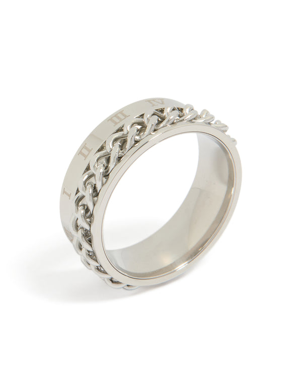 Featuring a mens waterproof stainless steel chain ring with roman numeral detail in silver side detail view