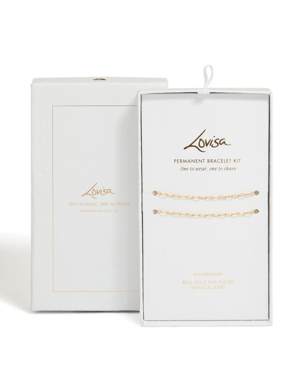 Crafted from waterproof gold plated surgical steel paperclip permanent bracelets pack in packaging closure detail view
