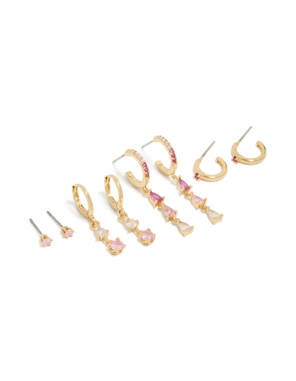Elegant gold plated stacker earrings 4-pack featuring clear and light pink cubic zirconia crystals with huggie closures front view