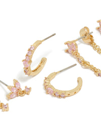 Featuring gold plated light pink cubic zirconia stacker earrings 4-pack with Marquise cut crystals in hoop closure close up view - link has visual effect only
