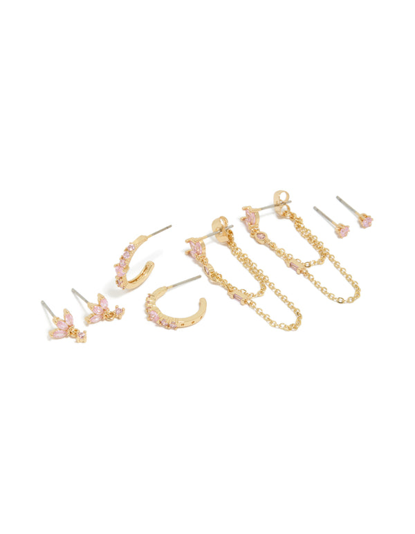 Showcasing gold plated light pink cubic zirconia stacker earrings 4-pack featuring with Marquise cut crystals and hoop closure front view