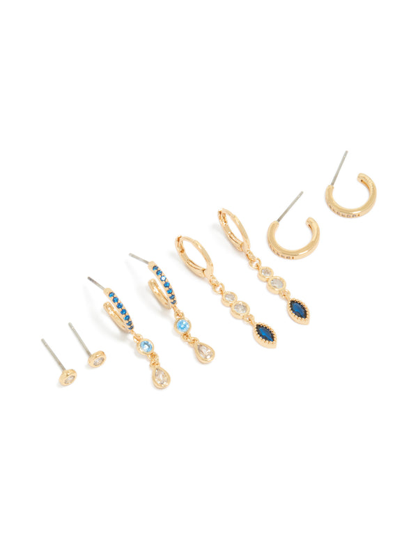 Showcasing gold plated bezel dark blue cubic zirconia marquise stacking earrings in a 4-pack with stud closure front view