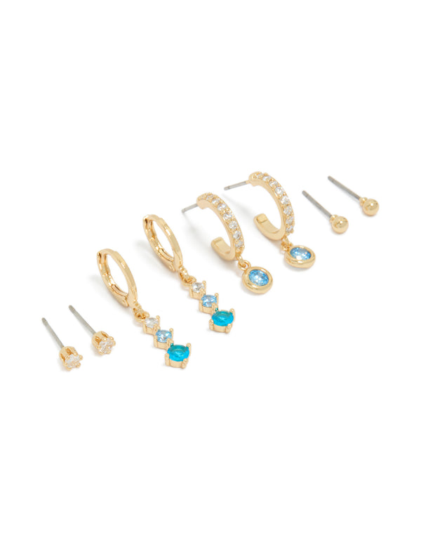 Discover gold plated clear and light blue cubic zirconia stacker earrings 4-pack featuring crystal embellishments with huggie, stud closures front view