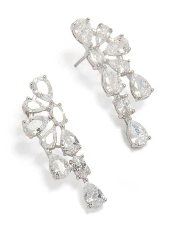 Silver Cubic Zirconia Lovely Flower Pear Drop Earrings