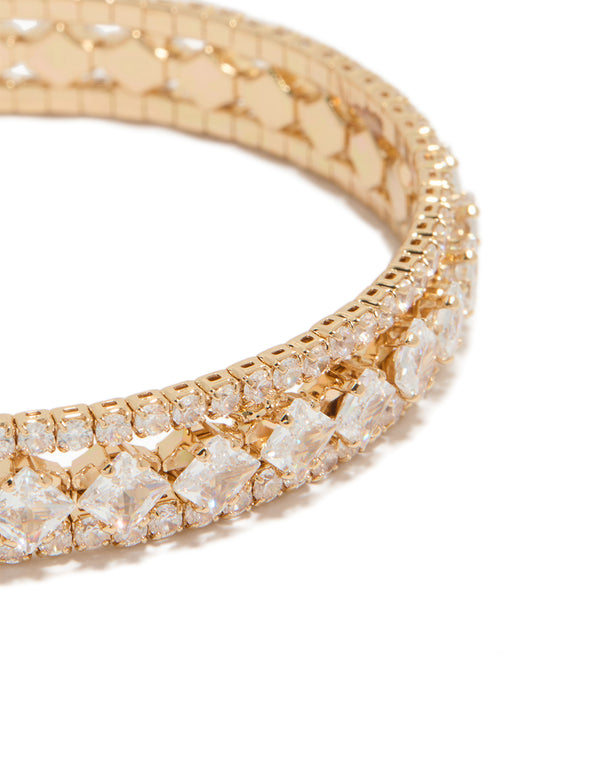Elegant gold cubic zirconia circle statement cuff bangle close up view