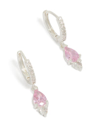 Showcasing statement huggie drop earrings crafted from silver plated metal with pink cubic zirconia front view - link has visual effect only