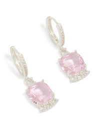 Beautifully crafted silver plated cubic zirconia pink square drop huggie earrings with crystal detailing front view - link has visual effect only