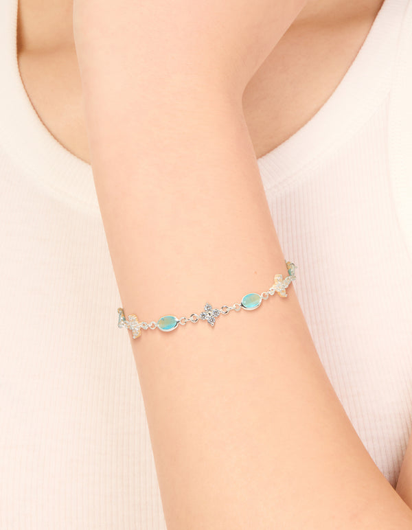Silver Plated Cubic Zirconia Clover & Blue Oval Bracelet