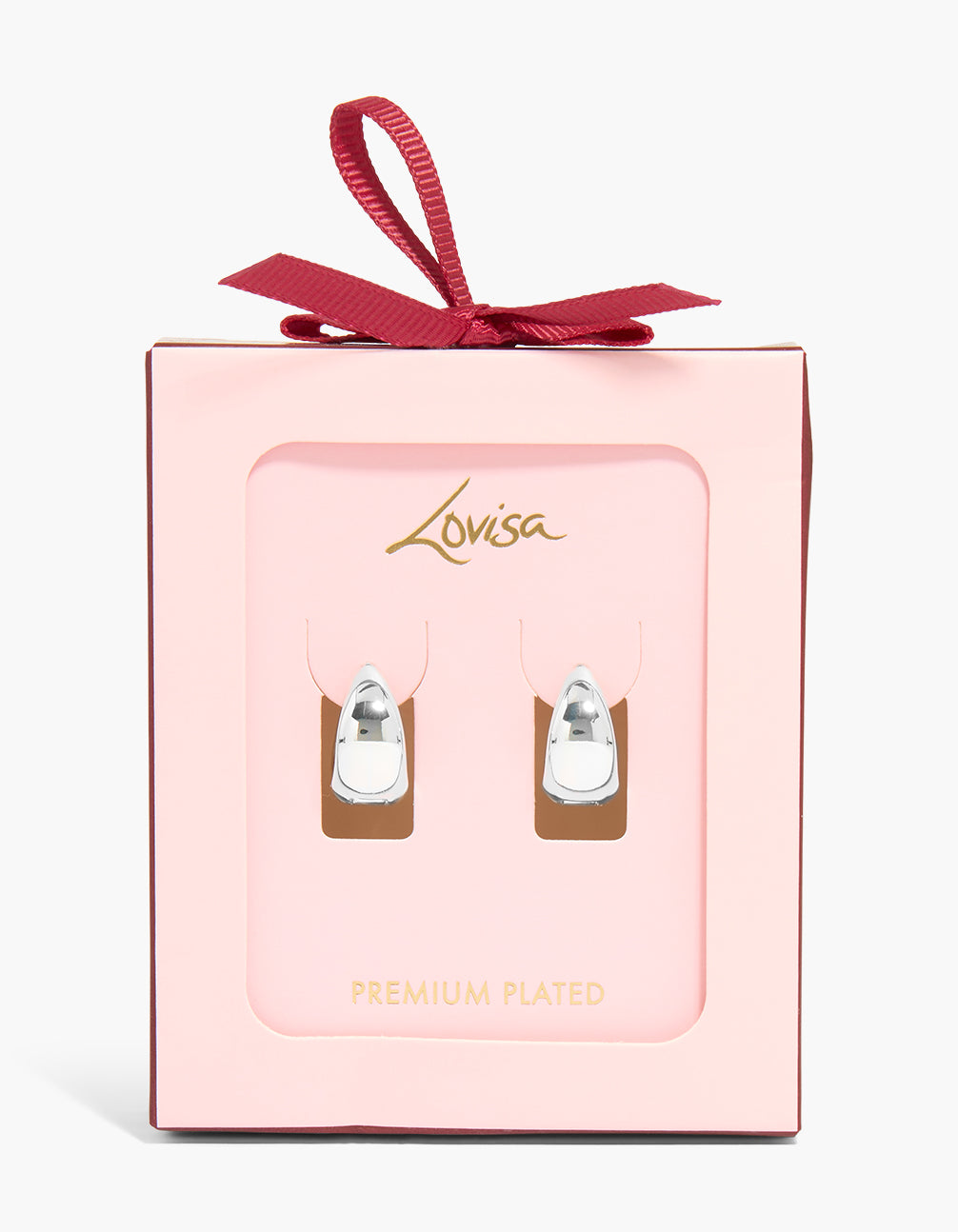 Showcasing chunky medium hoop earrings in silver plated material with stylish design front view